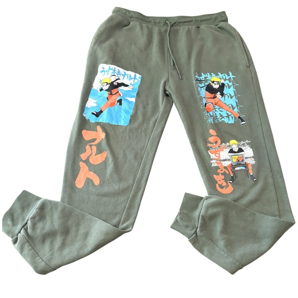 Y2K Naruto Shippuden Sweatpants Mens Medium Olive Green Anime Graphic Joggers